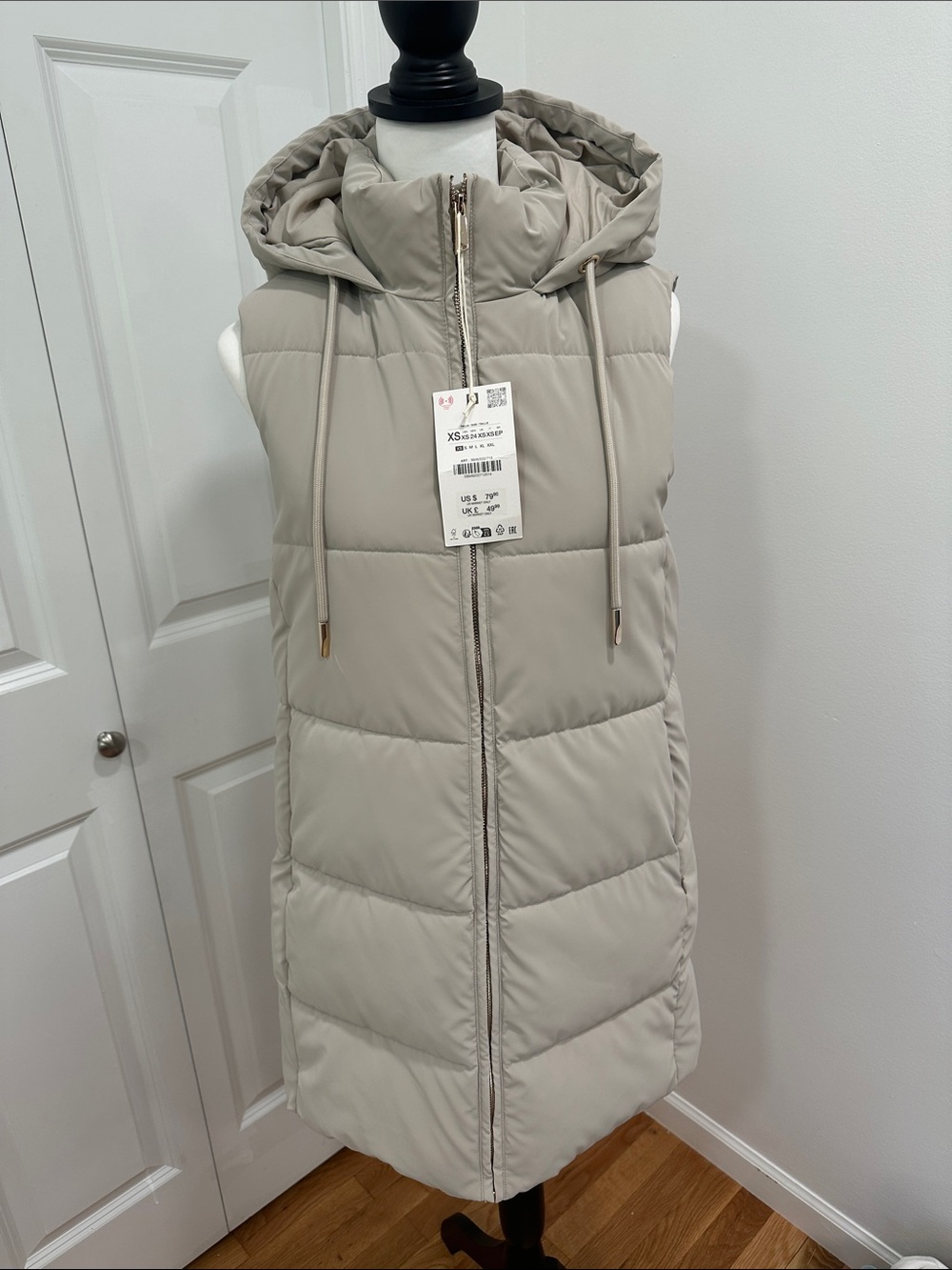 NWT Zara Long Hooded Puffer Vest - Light Taupe